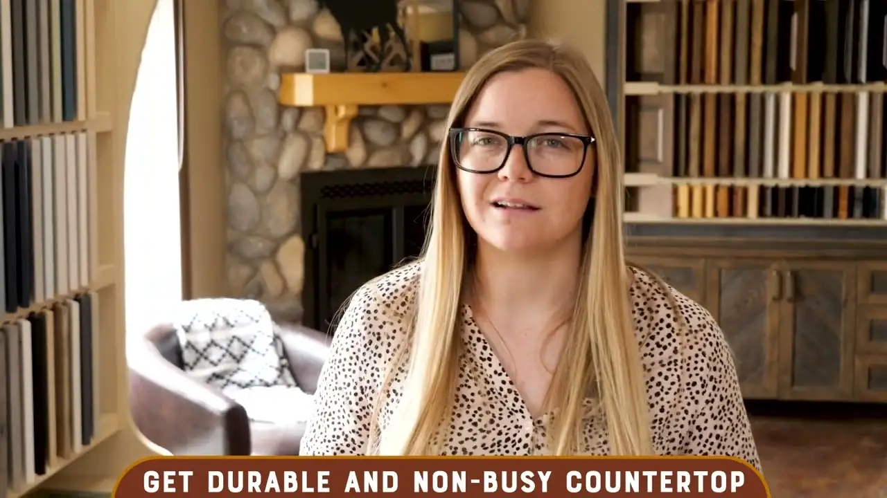 A woman in a showroom discussing custom cabinet design, standing beside displays of countertop samples and wood cabinetry with a stone fireplace in the background.