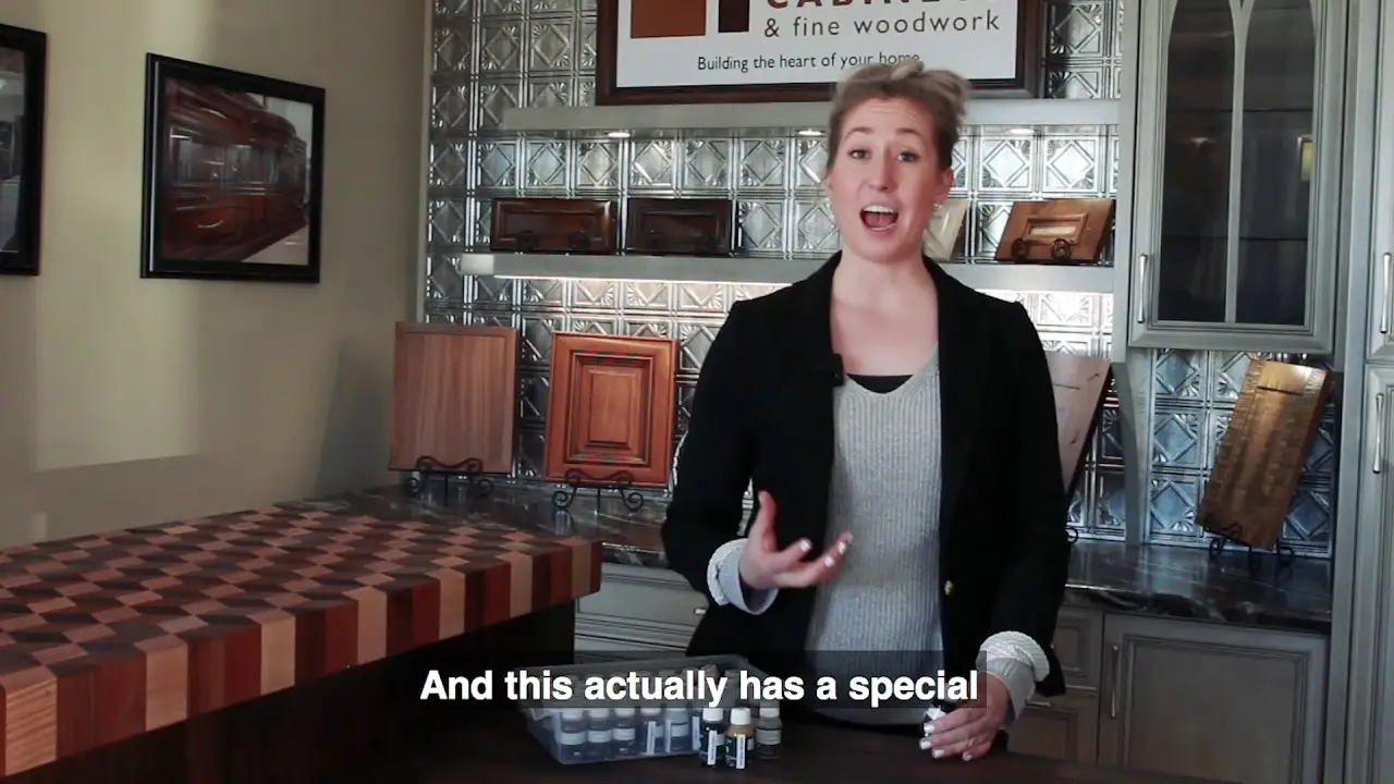 Cabinetry showroom display featuring custom wood door samples, finish options, and fine woodworking craftsmanship by Hiebert Cabinets.