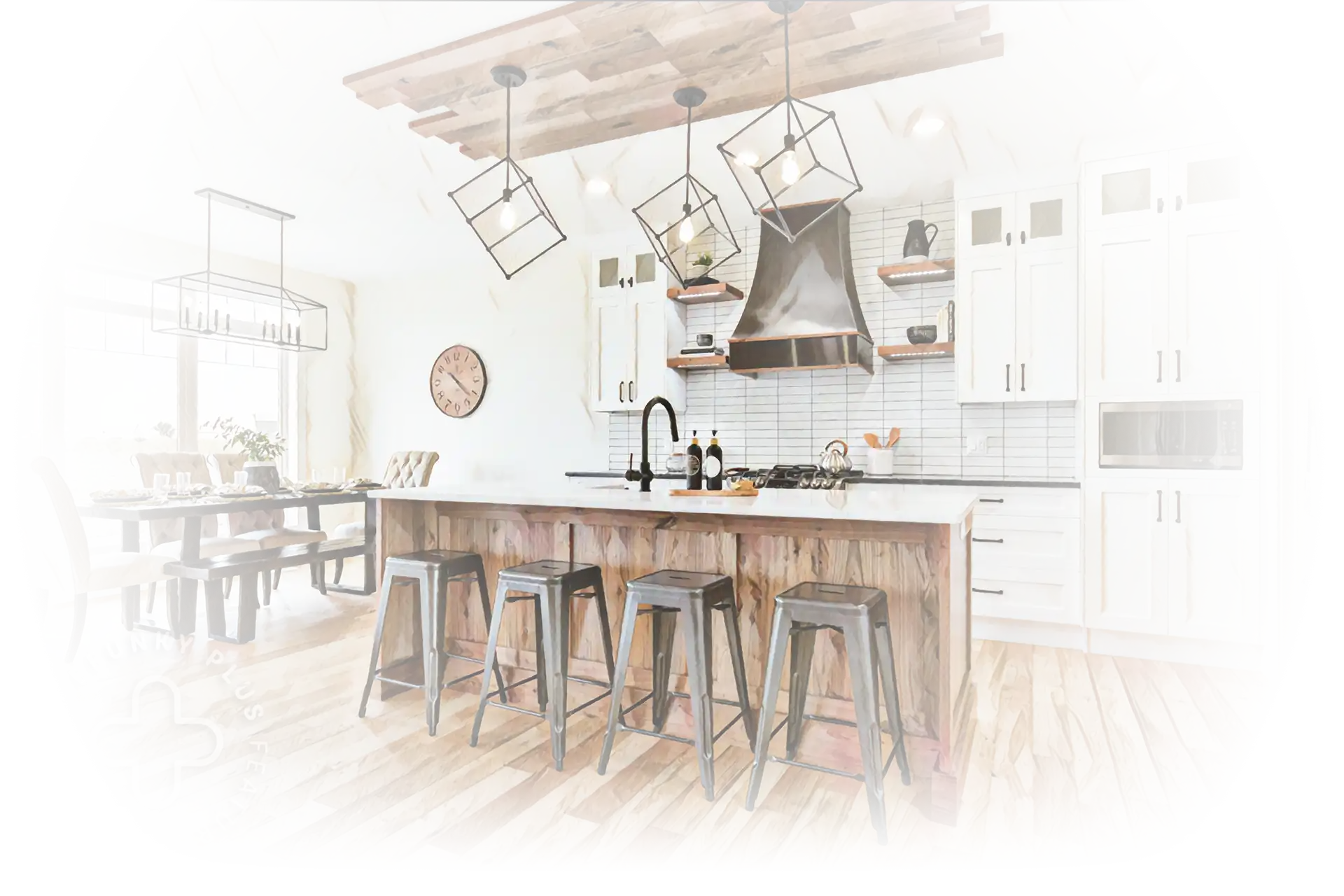 Artistic rendering of a modern kitchen featuring a custom wood island, white shaker cabinets, floating shelves, and premium millwork crafted by Hiebert Cabinets.