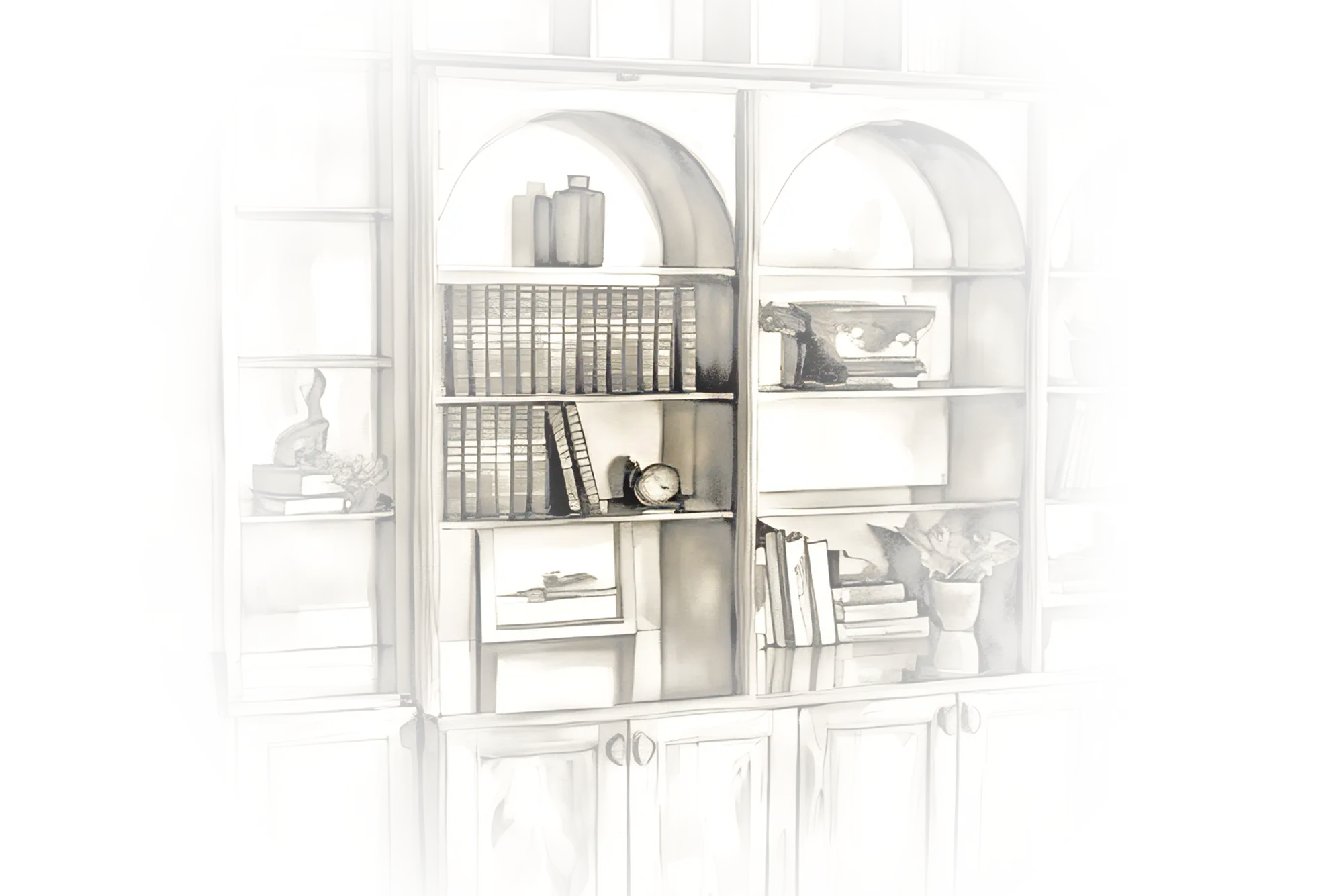 Custom built-in wooden cabinets with arched open shelving above and closed lower storage, styled with books, decorative objects, and potted plants.